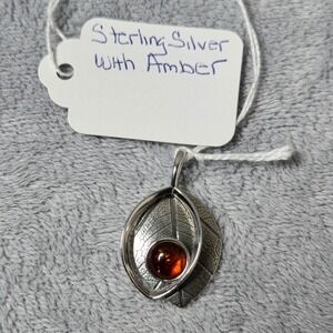 Sterling Silver Cherry Baltic Amber Leaf‎ Pendant Necklace Nature Inspired